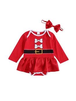 2 Kos Novorojenčka Božič Tiskanja Obleke, za Malčke Dolgimi Rokavi, okoli Vratu Obleko + Glavo z Bowknot