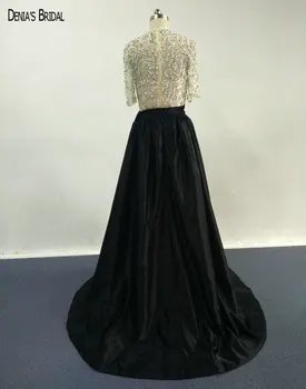 2017 Črna A-Line Večerne Obleke z Visokim Izrezom Pol Rokavi Dolžina Tal Zamah Vlak po Meri Stranke Oblek