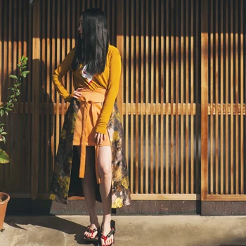 2019 Ročno SELLWORLDER Japonski slog Multi-raven Nepravilno rumene cvjetnim tiskanja krilo