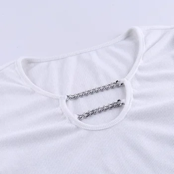 2020 Nove Ženske Seksi Plesti Obreži Zgoraj Seksi izrežemo Kratek Rokav Slim Vgrajeno T-Shirt Vrhovi z Veriga Prednji