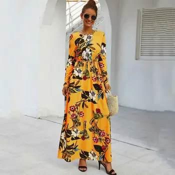 2020 Pomlad Dolžina Tal Cvetlični Obleka Ženske Elegantne Stranka Obleko Ženski Boho Plaži Dolgo Obleko Dolg Rokav Dame Tiskanja Obleke