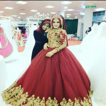 2020 Rdečo Žogo Obleke Poročni Obleki Muslimanskih Poročne Halje z Dolgimi Rokavi Zlato Appliques Vestido De Novia Islam arabski poročni obleki