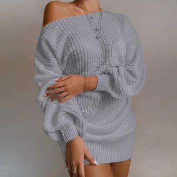 2020 Žensk Off-ramo Pleteni Pulover Obleko Zimo Priložnostne Svoboden Luč Dolg Rokav Mini Obleka