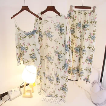 2020 Žensk Pyjama Določa 3 Kos Cvjetnim Tiskanja Homewear Pigiama Mujer Pijama Sleepwear More Priložnostne Pizama Damska