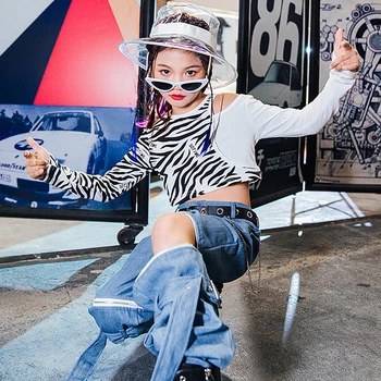 2021 Dekleta Jazz Ples Kostum Dolg Rokav Zebra Vzorec Vrhovi Zadrgo Kavbojke Street Dance Performance Oblačila Otroci Hip Hop Obleko