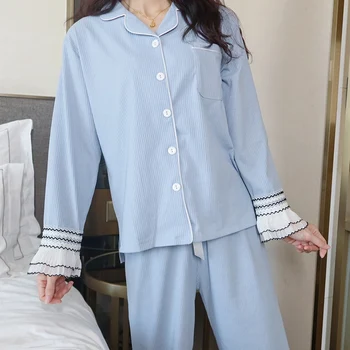 2021 Pomlad Jesen Dolg Rokav Bombaž Pajama Kompleti za Ženske korejski Moda Sleepwear Pižame Homewear Pijama Mujer Domov Oblačila
