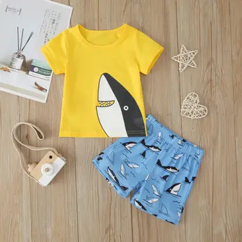 2Pcs Newborn Baby Fantje Bombaža, Kratek Rokav Shark T-majica+Hlače Jumpsuit Obleke