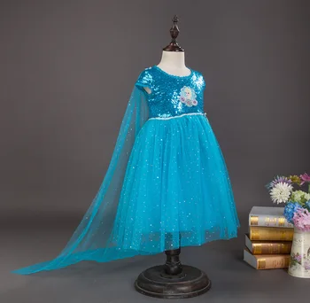 Baby Dekleta Modra Sequined Obleko Dekleta Princesa Elsa Obleke Otroci Snow Queen Obleko Gor Fantasy z Dolgimi Zaostaja za Novo Leto Kostum
