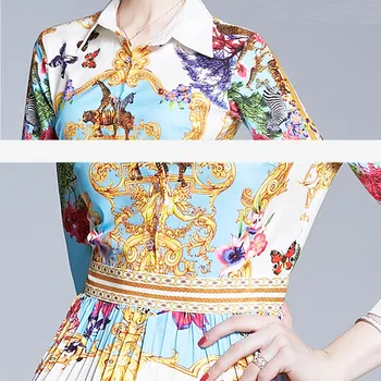 Banulin Pomlad Jesen Fashion vzletno-pristajalne Steze Letnik Midi Obleko za Ženske z Dolgimi Rokavi Multicolor Cvjetnim Tiskanja Naguban Elegantno Obleko