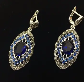 Brezplačna dostava v Lady ' s Modi Resnično 925 Srebro Modra Kristal Sloga Art Marcasite Uhani