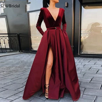 Burgundija Muslimanskih Večerne Obleke 2021 Proti-Vrat Velur Saten Formalna Obleka Z Žepi Visoko Režejo, Elegantno Večerno obleko z Dolgimi Rokavi