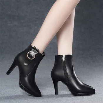BZBFSKY Stiletto visoke pete kratek škornji ženske 2021 pozimi novi korejski slog, ki je vse-ujemanje čevlji pomlad usnjeni ženski čevlji