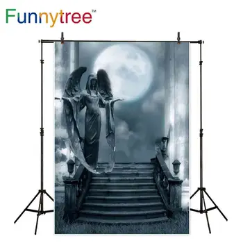 Funnytree kulise za fotografije studio angel kip koraki velika luna nočno nebo fariy tale poklicno ozadje photobooth