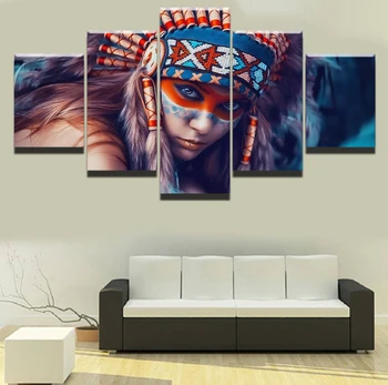 HD Tiskane Slike Okvir Platno Wall Art Za Dnevni Sobi, 5 Kosov Indijanci Dekle Pero Slikarstvo Doma Dekor Povzetek Plakat