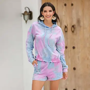 Hooded Majica Tie Dye Salon Nastavite Ženske Nastavite Loungewear Dolgimi Rokavi Ženske Homewear Pijama Sleepwear Komplet Ženske