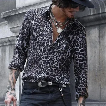 Jeseni Vroče Prodajajo Nove Moški Letnik Plaži Majica Fashion Leopard Dolg Rokav Hawaiana Mens Majice Prevelik Priložnostne Vrhovi Koszula