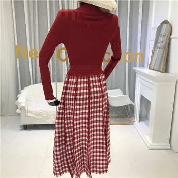 Korejski 2019 Zimske Ženske Knit Dress Vintage Pol Turtleneck Kariran Mozaik Slim Priložnostne Obleko Za Žensko Nov Modni Vestidos