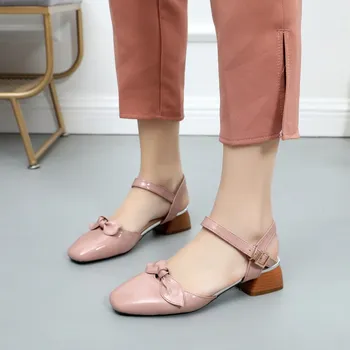Kvadratni Vodja Eleganten Lok Debele Pete, Čevlji Za Ženske Modni Sandali 2019 Velikosti Nizke Pete Poletne Sandale Pravega Usnja Sandali