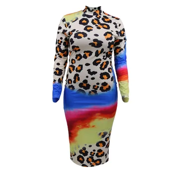 Leopard Tie Dye Brizga Črnilo Tiskanje Ženske Obleke Moda Izruga Vratu Dolg Rokav Suh Plus Velikost Obleko Elegantno Visoko Pasu Haljo Femme