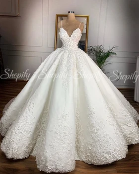 Luksuzni Poročne Obleke 2020 Zabuhle Proti-vrat Poročne 3D Cvetje Čipke Dubaj arabski Slog Belih Poročnih Oblek