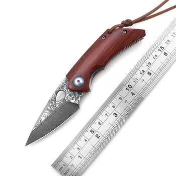 Mini Damask visoko trdoto folding nož Rdeče kisline veje, leseni ročaj EOS prostem rezalnik avanturo lovski nož
