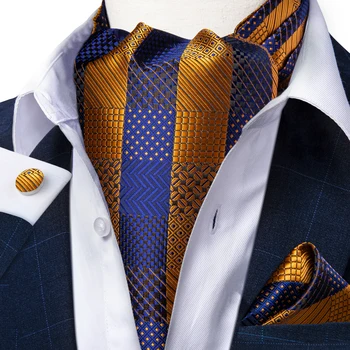 Moda Letnik Svile Moških Ascot Kravato Zlato Modro Preverite svate Kravatni Cravat Žep Kvadratnih zapestne gumbe, 3pcs Nastavite DiBanGu