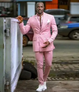 Nova moda Pink Poroka Tuxedos Slim Fit 2Pcs Dvojno Zapenjanje Moških Formalno Večerjo Maturantski Groomman Tuxedos suknjič hlače
