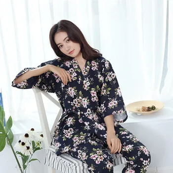 NOVO Kimono Pižamo Žensk Gaza Tanke Spomladanski Cvetlični Sedem Rokav Obleko Domov Oblačila Ženska Pižame Sleepwear Ženska Domača Obleka
