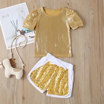 Novo Otrok Obleko Poletje Dekleta Sequined Zlato T-majica, kratke Hlače, dvodelne Modni Otroke Preprosta