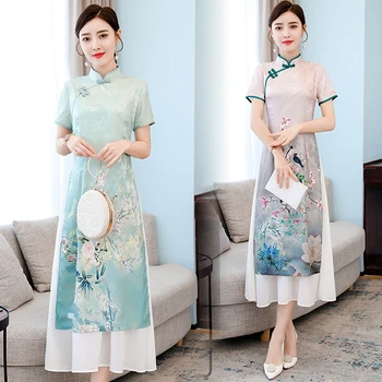 Obleka za ženske dolge poletne 2020 novi Kitajski slog kratkimi rokavi obleka ženske boljše cheongsam obleko eleganten modni tisk