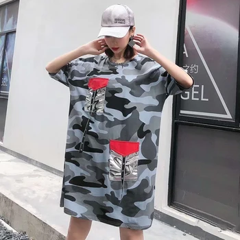 Poletje Ženske Modi Prikrivanje Dolgo Majica Mozaik Žepi High Street Prevelik TShirts Obleko Dame O Vratu Tee Majice