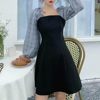 Pomlad Ženske noše Retro Mozaik Kvadratnih Vratu Mini Obleko Eleganten Pas Tesno Velike Robom 2021 Dolgo Puff Rokavi Ženske Vestidos
