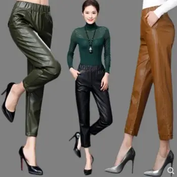 S-2XL 2019 Pomlad Nove Ženske modne usnjene hlače, hlače Visok pas Gleženj-Dolžina Plus žamet Malo noge hlače hlače Haroun