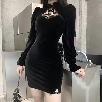 Seksi Cheongsam Bodycon Gothic Črna Obleka Ženske Ulične Črne Čipke Mini Žensko Obleko Priložnostne Turtleneck Povoj Obleko