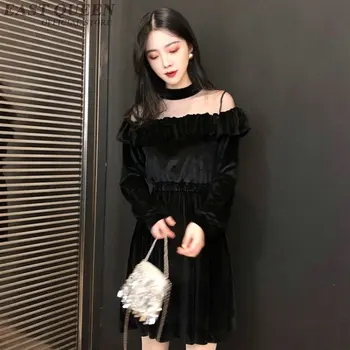 Seksi žensk obleko pozimi in jeseni black poln rokav kolena-dolžina obleke A-line votlih iz o-izrez ženska oblačila AA3310 F