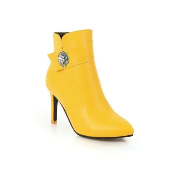 Sianie Tianie jeseni, pozimi, ženska, čevlji rumena bela tankih visokih petah konicami prstov stiletto gleženj škornji velikosti 45 46 47 48