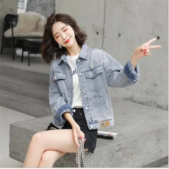 Spomladi in jeseni nov slog korejski ženska moda in ženske luknjo tiskanja kratke ohlapne zgornji traper jeans jakno plašč jeansa, oblačila vrhnja oblačila