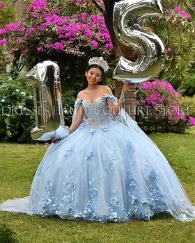 Svetlo Modra Quinceanera Obleko 2021 Off Ramenski Cvetje Sequins Zabuhle Stranka Princesa Sweet 16 Žogo Obleke Vestidos De 15 Años