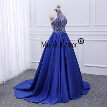 Vroče Povodcem Vratu Kraljevsko Modra Večerne Obleke 2020 Meri Iver Kristali Beading Formalno Stranko Halje Saten Črto Prom Oblačenja