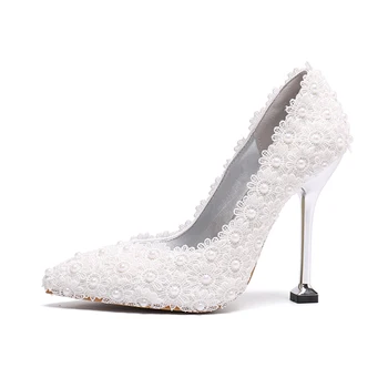YIHONGMEIQI Čipke pearl beli poročni čevlji ženske v visokih petah Princesa Stranka čevlji poročni stranka obleko, čevlji za ženske velikosti 36-43