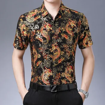 Zlato Tiskanih Mens Majice Luksuzni Srajce Svile Plus Velikost Moške Srajce Moda Poletje 2020 Za Moška Oblačila Baročno Klub Satenasto Obleko