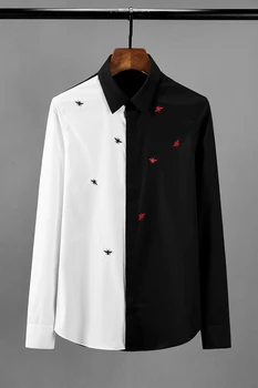 Črno Bel Mens Majice Luksuzni Čebel Vezenje Dolg Rokav Mens Priložnostne Obleko Srajce Plus Velikost 4xl Slim Fit Stranka Človek Majica