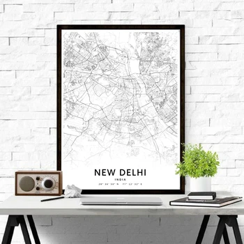 Črno Bel New Delhiju V Indiji Zemljevid Mesta Umetnosti Plakat Moderne Stenske Umetnosti Platno Slikarstvo Nordijska Dekorativne Slike Office Home Dekor