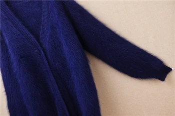 Ženske ženske modni Proti-vrat mornarsko modra fuzzy mink kašmir dolge rokave angora zajcev volne ohlapno pletene jopice suknjič pozimi