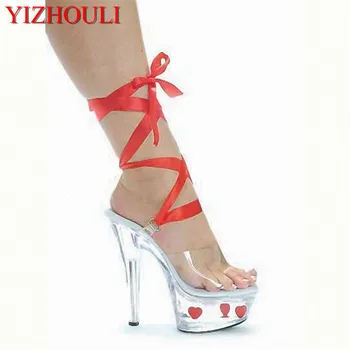 15 cm Seksi okoli zapestje trak sandale in lepo srce modni brvi vzletno-pristajalne steze izgleda natikači nevesta poročni čevlji na prodajo