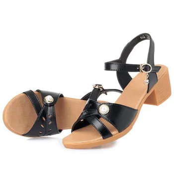 2019 najnovejši open toe poletje usnjene sandale udobje mehko dno debele pete, čevlji za ženske sandale, ki modne priložnostne sandali velikosti
