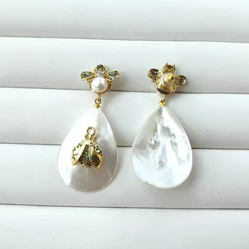 4Pairs Moda čebelami mikro utrla Kristali CZ narave pearl lupini čar visijo uhani za ženske, nakit Božič darilo E1022