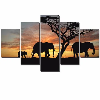5 Plošče Velike Živali Platno Natisne Sloni Wall Art Modular Slike Afriških Sončnem Zahodu Pokrajina Stenske Plakate Za Dom Dekor