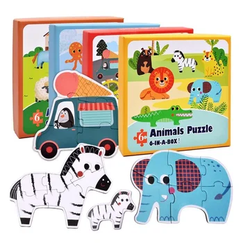 Letenje AC Srčkan živali in promet, 6-v-a-box Lesenih uganke igrače za otroke darilo za Rojstni dan