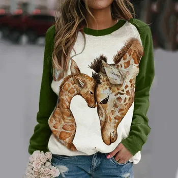 Vroče prodaje Božič Žirafa tiskanja Risanka Long sleeve Majica s kratkimi rokavi ženske O-vratu puloverju barva svoboden vrhovi